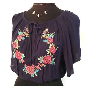 Navy Crop with Floral Cross stitch detailing